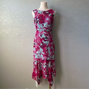 Kensie Pink Floral Midi Dress Handkerchief Hem Sleeveless Spring Party Size 0